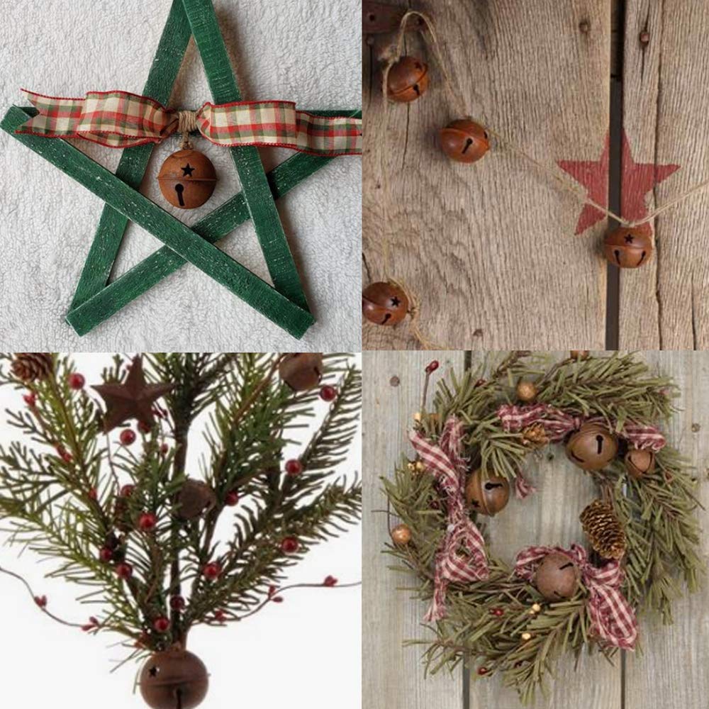 Winlyn 80 Pcs Rusty Metal Christmas Sleigh Bells Jingle Bells Rustic Craft Bell 1-1/2" and Dimensional Mini Rusted Metal Barn Stars with Jute Twine Plaid Ribbon for Christmas Tree Holiday Season Decor