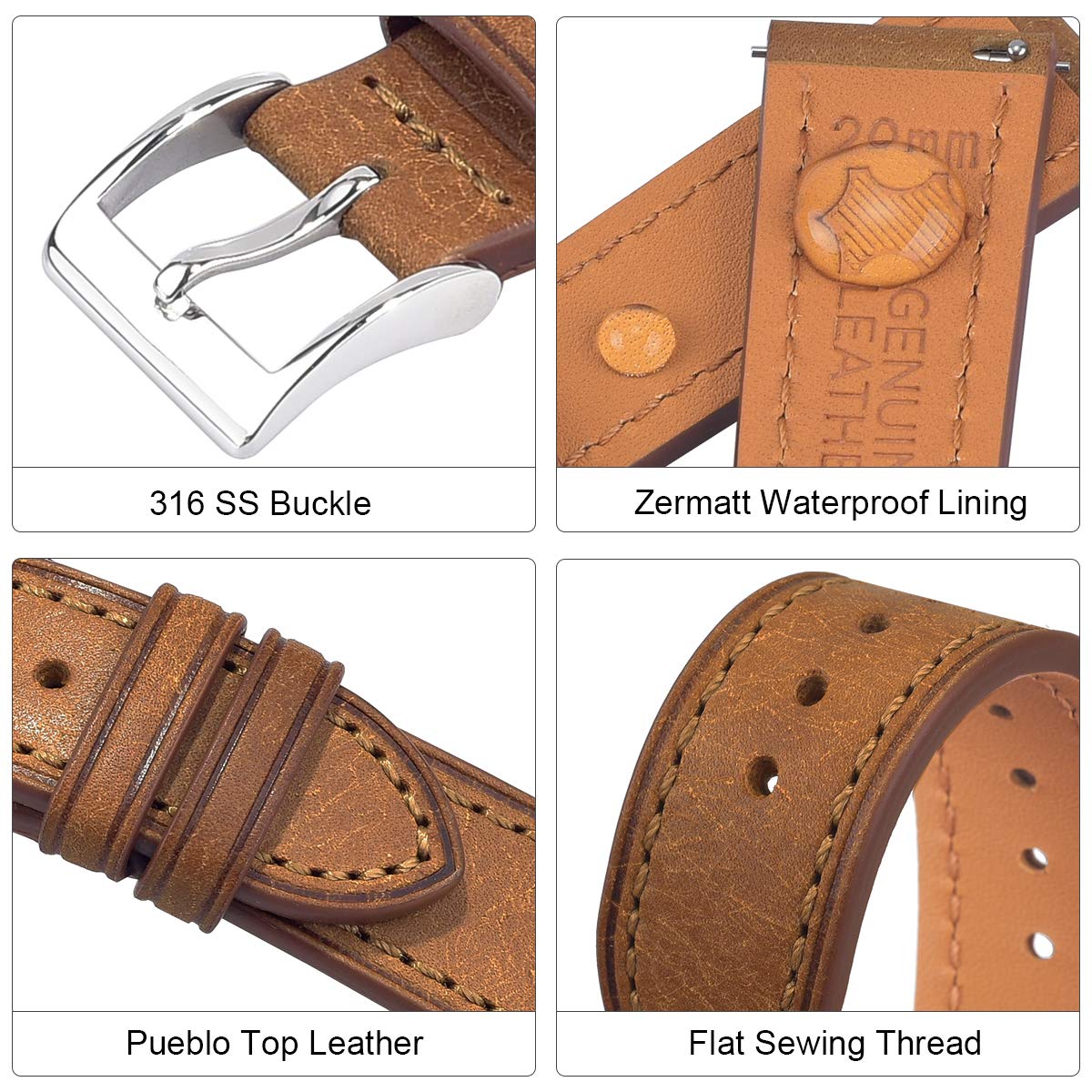 EACHE 20mm Leather Watch Band for Men, Italy Pueblo Top Grain Leather Watch Straps Quick Release Tan