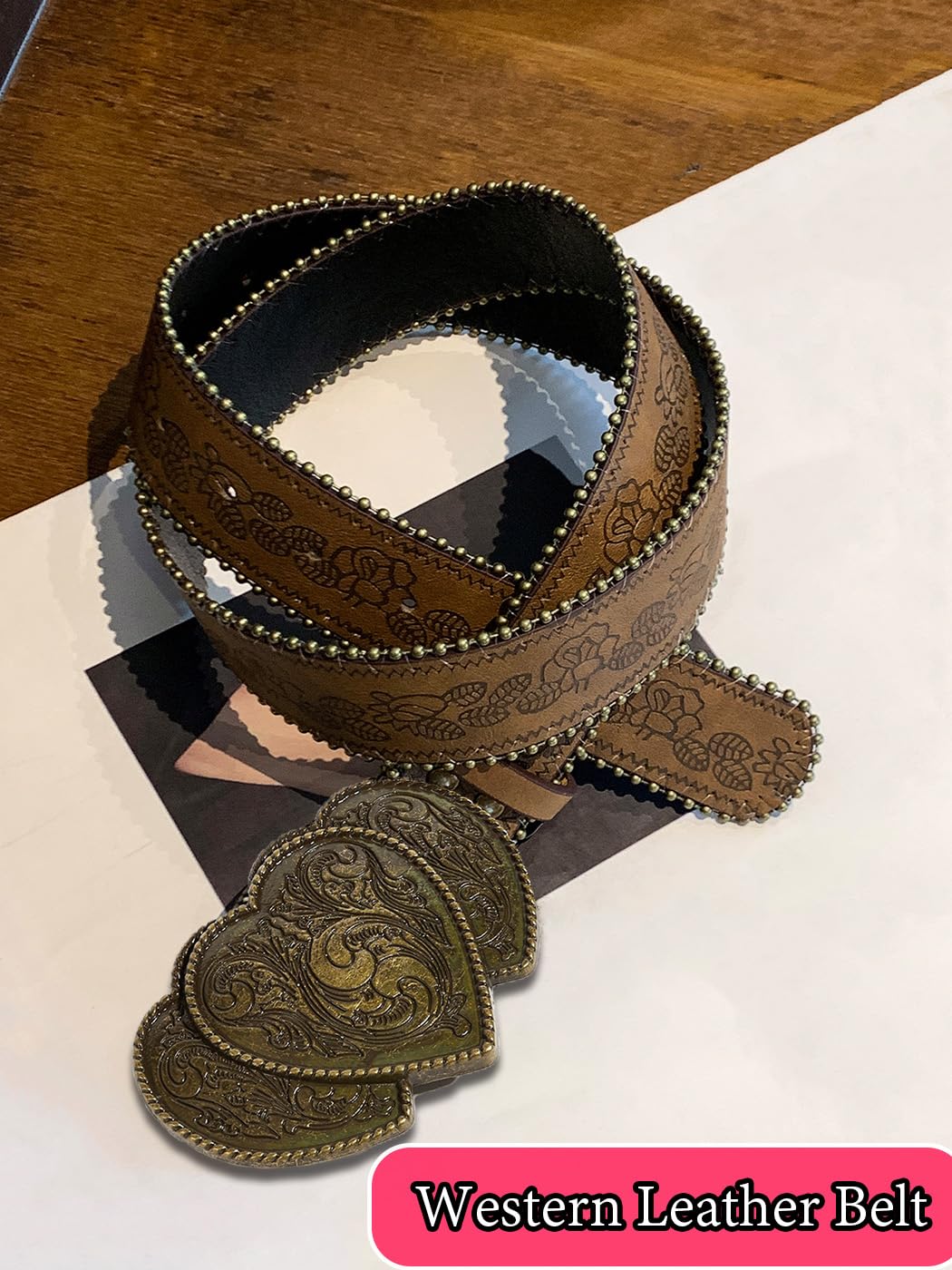 Bounzhi Brown Western Belt for Women Cowgirls Cowboys Leather Belt for Jeans Pant Country Belt with Vintage Buckle (Heart Brown, 34''-43'')
