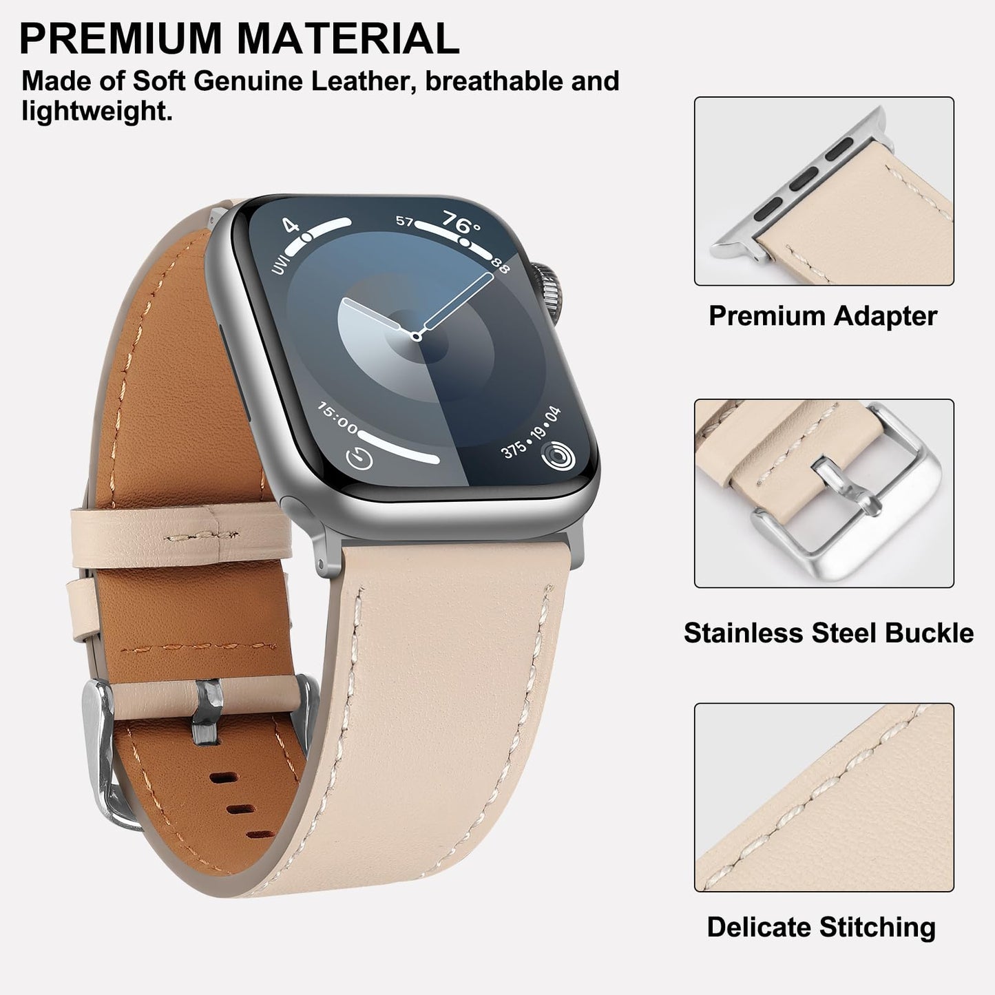Bisikor Compatible with Apple Watch Band 49mm 46mm 45mm 44mm 42mm 41mm 40mm 38mm Genuine Leather Wristband Replacement Band for iWatch Ultra SE Series 10 9 8 7 6 5 4 3 (42/44/45/46/49, Starlight)