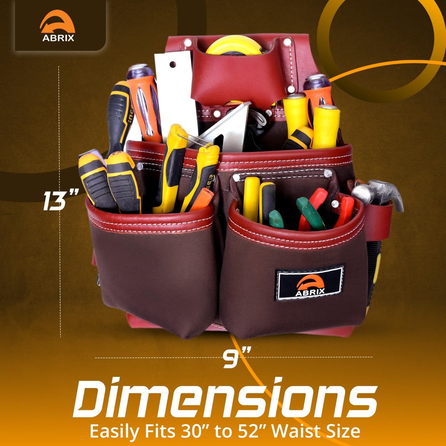 ABRIX Heavy Duty Tool Belt – 4MM Genuine Leather & Ballistic Nylon, Brass Buckle & Rivets, EVA Sheet Reinforced Lining, Foam Padded Comfort Framing Rig & Carpenter Tool Belt with Suspender | 28 Pocket