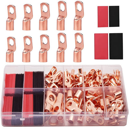 TKDMR 100Pcs Copper Wire Lugs AWG 6 8 10 12 with Heat Shrink Set, 50Pcs Battery Cable Lugs Battery Cable Ends Ring Terminals Connectors with 50Pcs Heat Shrink Tubing