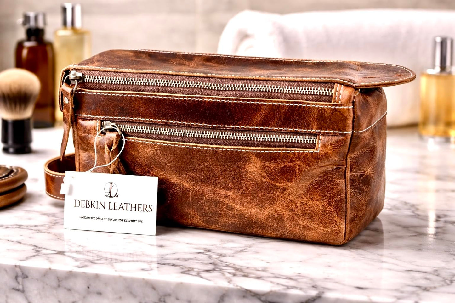 DEBKIN FOCUS Premium Top Grain Buffalo Leather Toiletry Bag for Men, Fathers Day Gift for Dad, Graduation Gifts for Men Him, Leather Shaving Bag, Gift for Birthday, Anniversary, Groomsmen, Husband