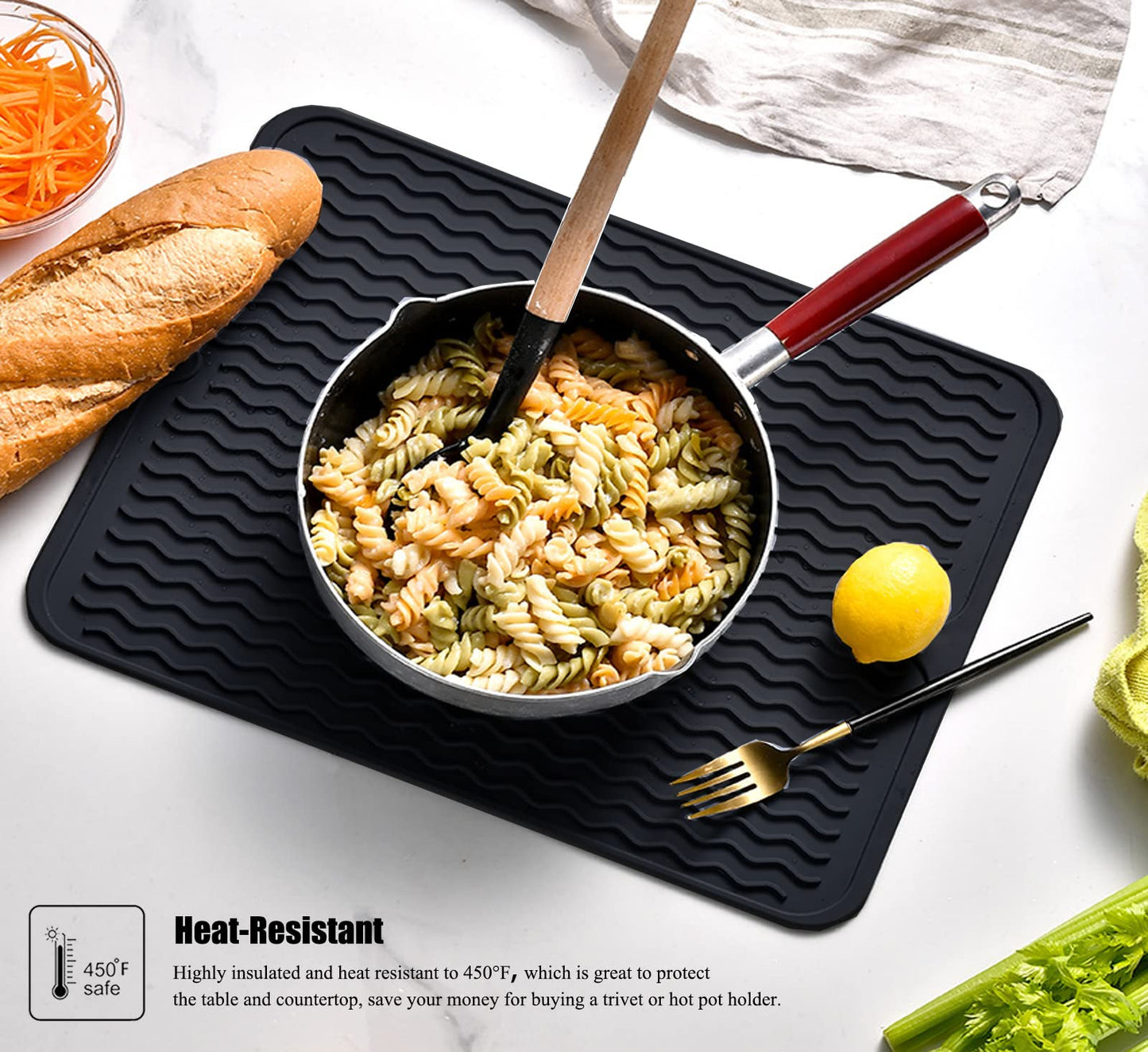 Silicone Dish Drying Mat, Non-Slip Easy Clean Sink Mat Large Heat-resistant Dish Drainer Mat for Kitchen Counter, Sink, Refrigerator or Drawer liner (16" x 12", BLACK)