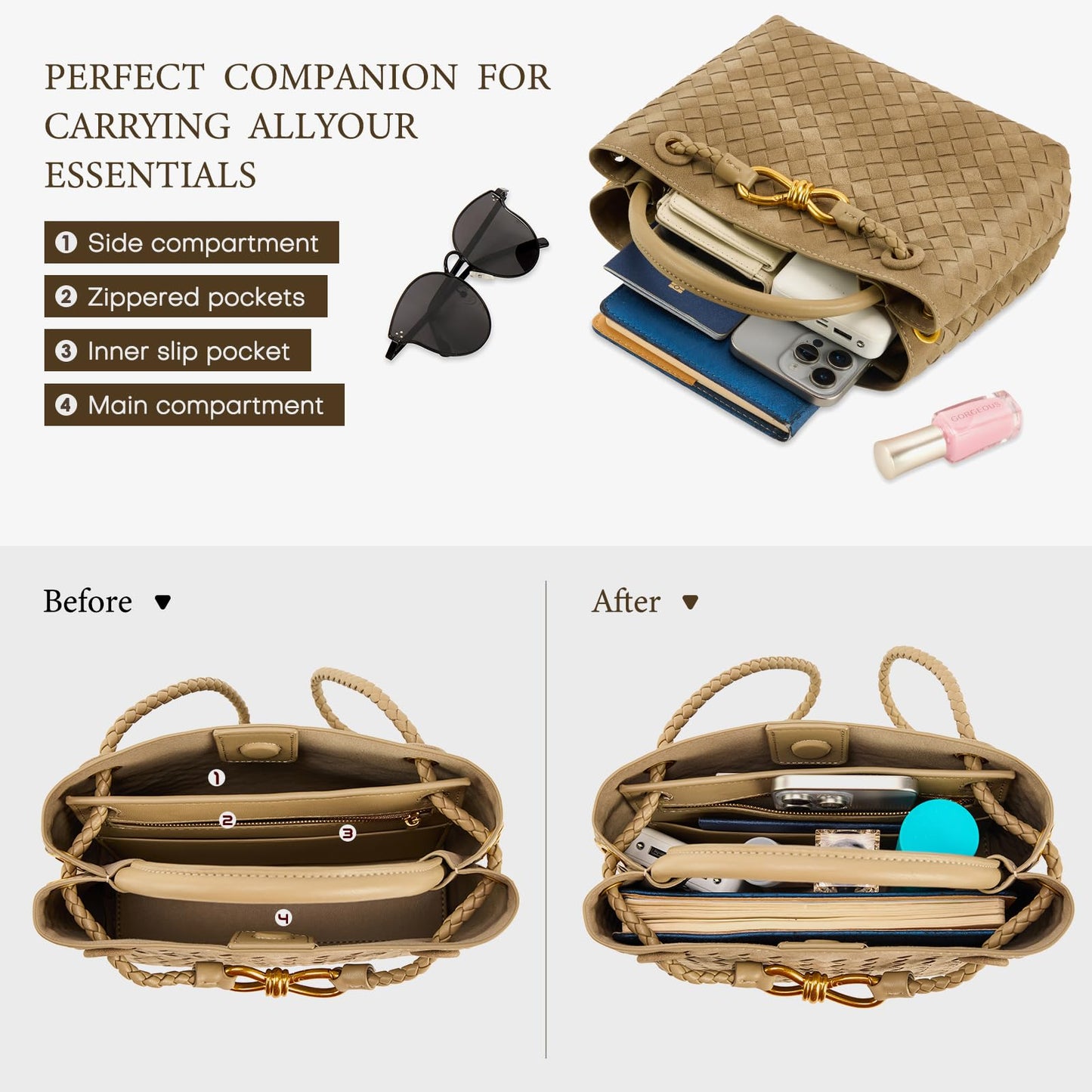 Suede Woven Tote Bag for Women Leather Shoulder Handbag Designer Top Handle Purses(Pine Tea Color)