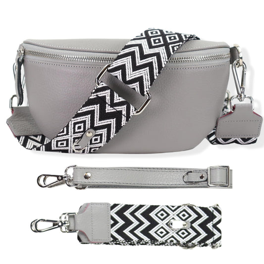 Crossbody Bags for Women Trendy, Genuine Leather Small Sling Bag, Fanny Packs With 2 Detachable Straps - Colored Wide and Leather - Waist Pack for Travelling, Hiking, Running - Grey