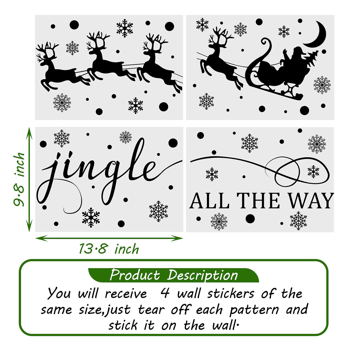 Chinco 4 Sheets Christmas Wall Decal Decor Santa Reindeer Snowflake Window Clings Vinyl Wall Art Decal Removable for Christmas Party Supplies Home Window Decor
