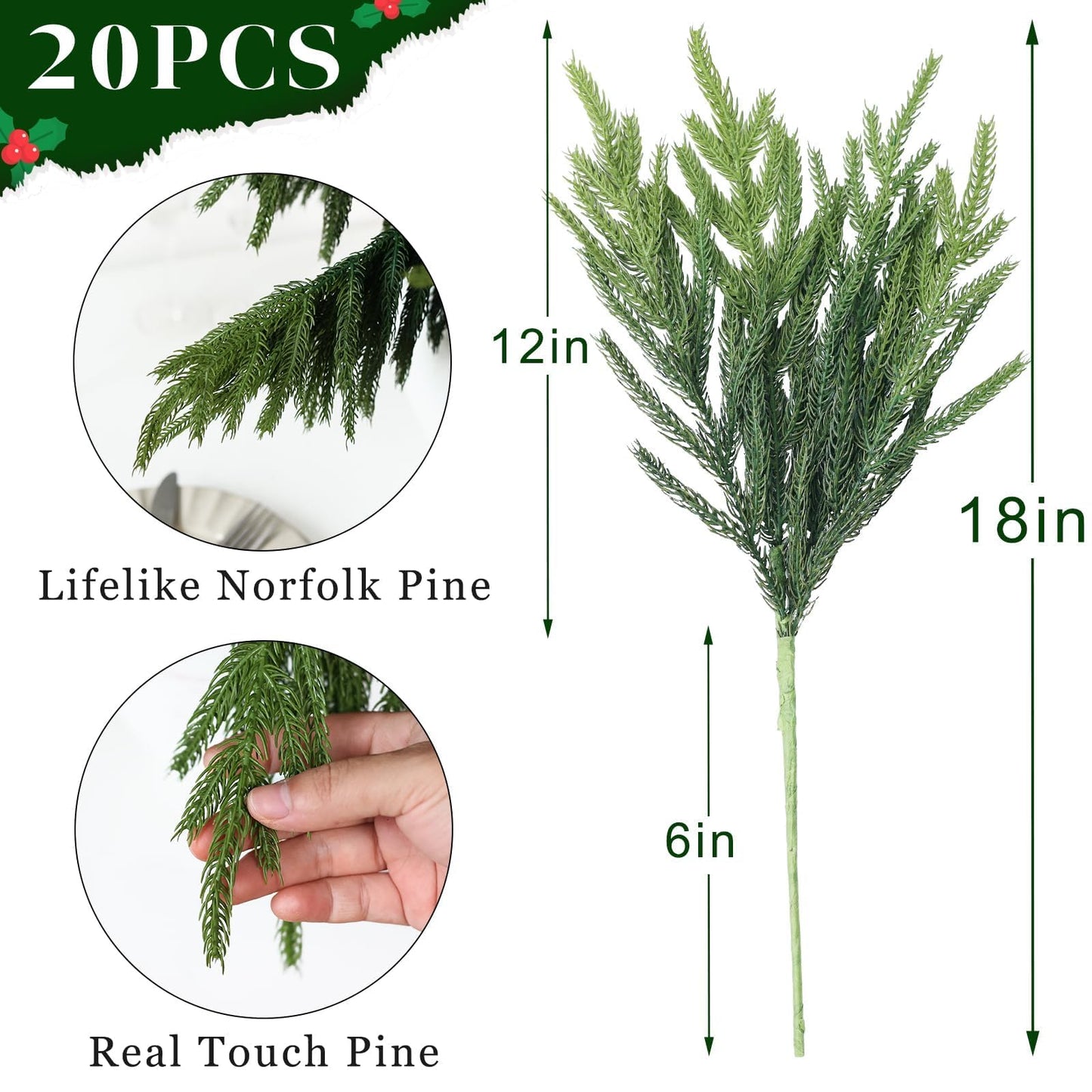 Juxdp 20 Pcs Soft Textured Norfolk Pine Branches, Artificial Christmas Green Plants Branch Faux Greenery Stem Fake Pine Picks for Vase DIY Crafts Garland Wreath Xmas Indoor Outdoor Decor(18 Inches)