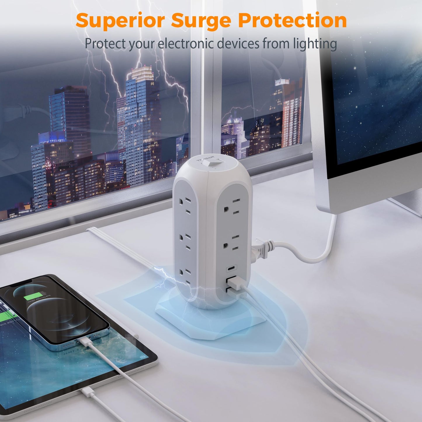 Surge Protector Power Strip Tower 10 Ft, TESSAN Flat Plug Extension Cord with 11 AC Outlets 3 USB Ports (1 USB C), 1050J Protection Charging Station for Home, Office Supplies, Dorm Room Essentials