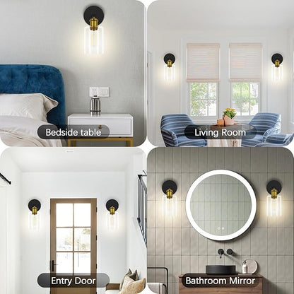 Set of Two Wall Sconces for Bedroom, Modern Wall Mount Light Fixtures with Clear Glass Shade Lighting Lanterns, Farmhouse Wall Lights for Bathroom Living Room Mirror Hallway Kitchen (E26 Base)