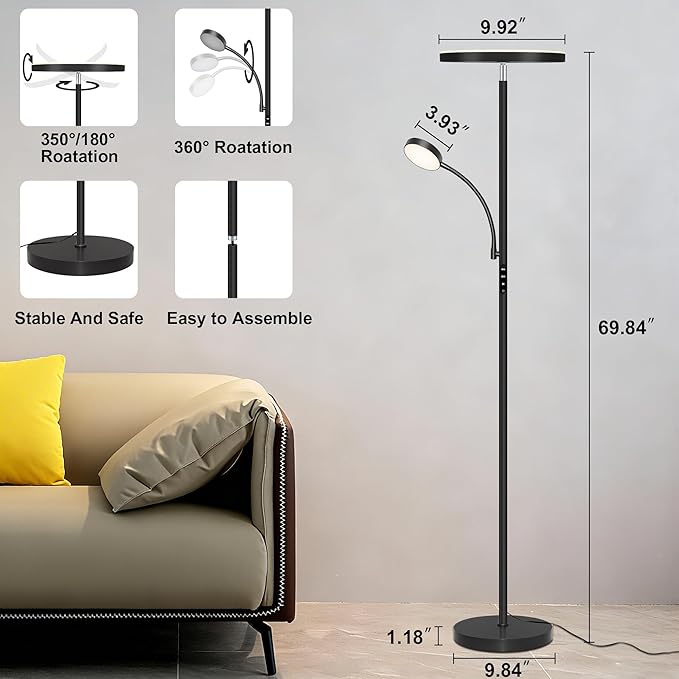 Floor Lamp-42W/4200LM Super Bright Floor Lamp,Dimmable 2-in-1 LED Standing Lamp with Reading Light,69" Tall Standing Lamp with Remote & Touch Control,Modern Floor Lamps for Bedroom,Living Room,Office