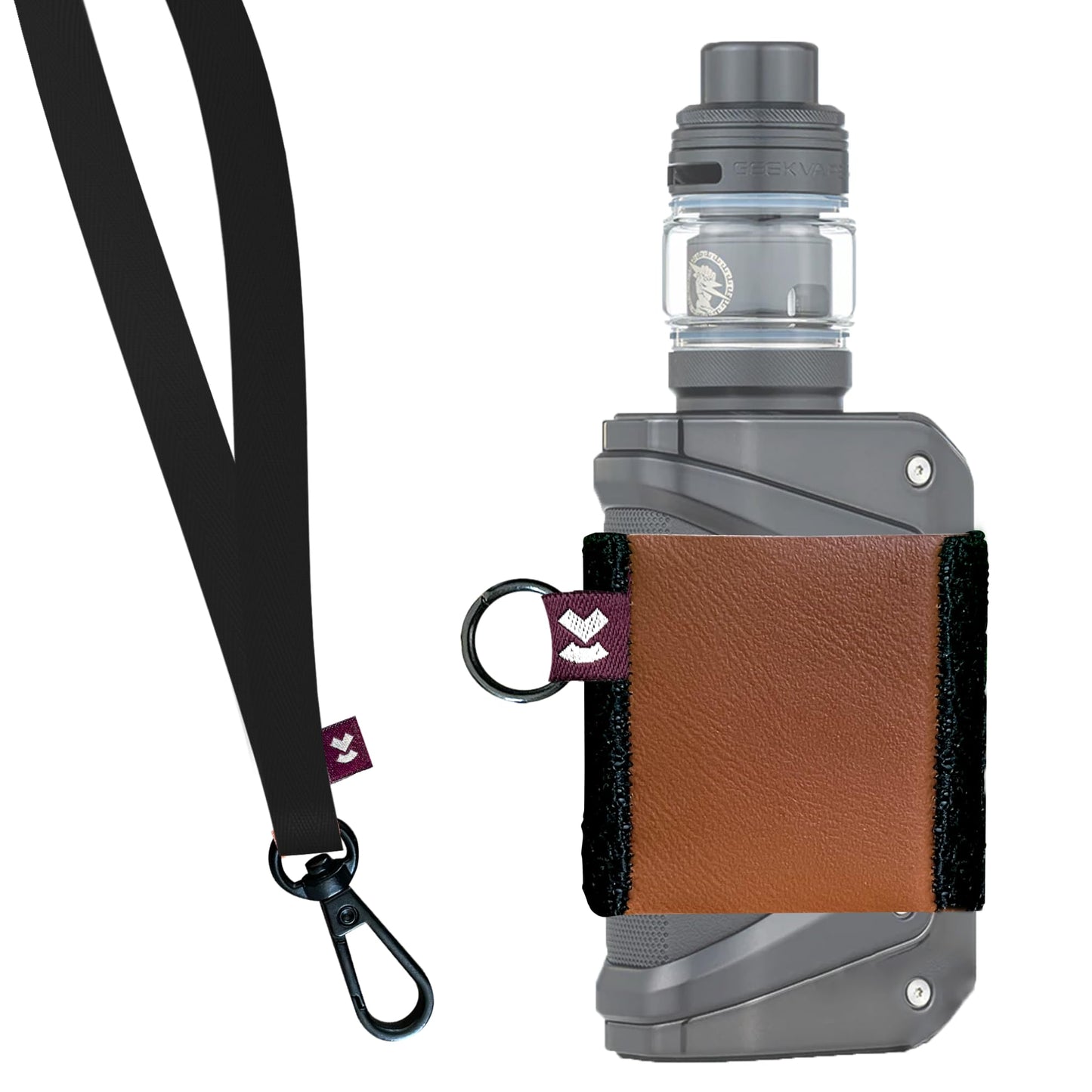 VCASE Leather Vape Holder, Comfortable Design for E Cigarette, High-Strength Elastic (Brown Holder/Black Lanyard XL)