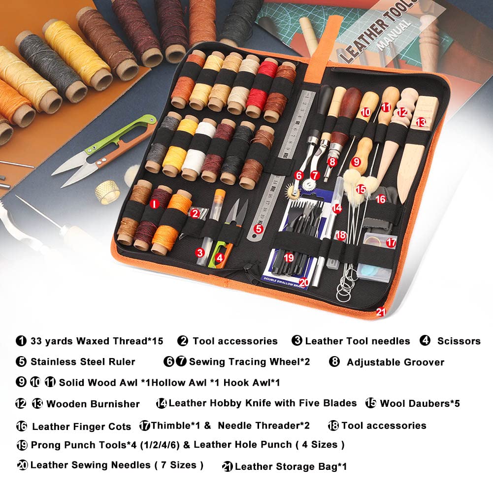 BUTUZE Leather Working Tools, Practical Leather Craft Kit with Waxed Thread Groover Awl Stitching Punch Hole for Leathercraft Beginner or Adults Gifts