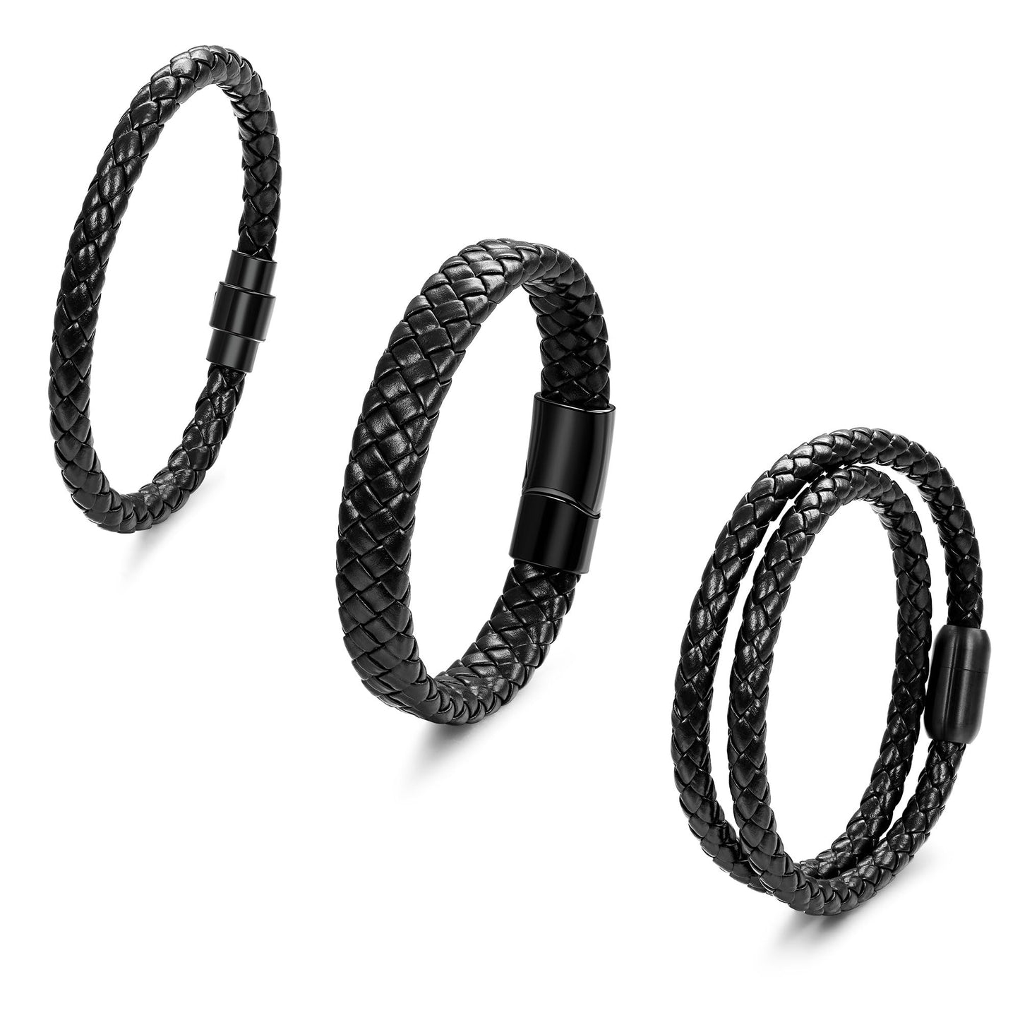 SOMEITIA 3Pcs Genuine Italian Braided Leather for Men Women Leather Wrist Cuff Bracelets Black Brown Stainless Steel Clasp Wrap Wristband Black 9.0 Inch