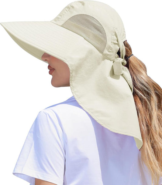 Women's UV Protection Sun Hat - Wide Brim Fishing Hat with Ponytail Hole & Neck Flap | Ideal for Beach, Hiking, Camping
