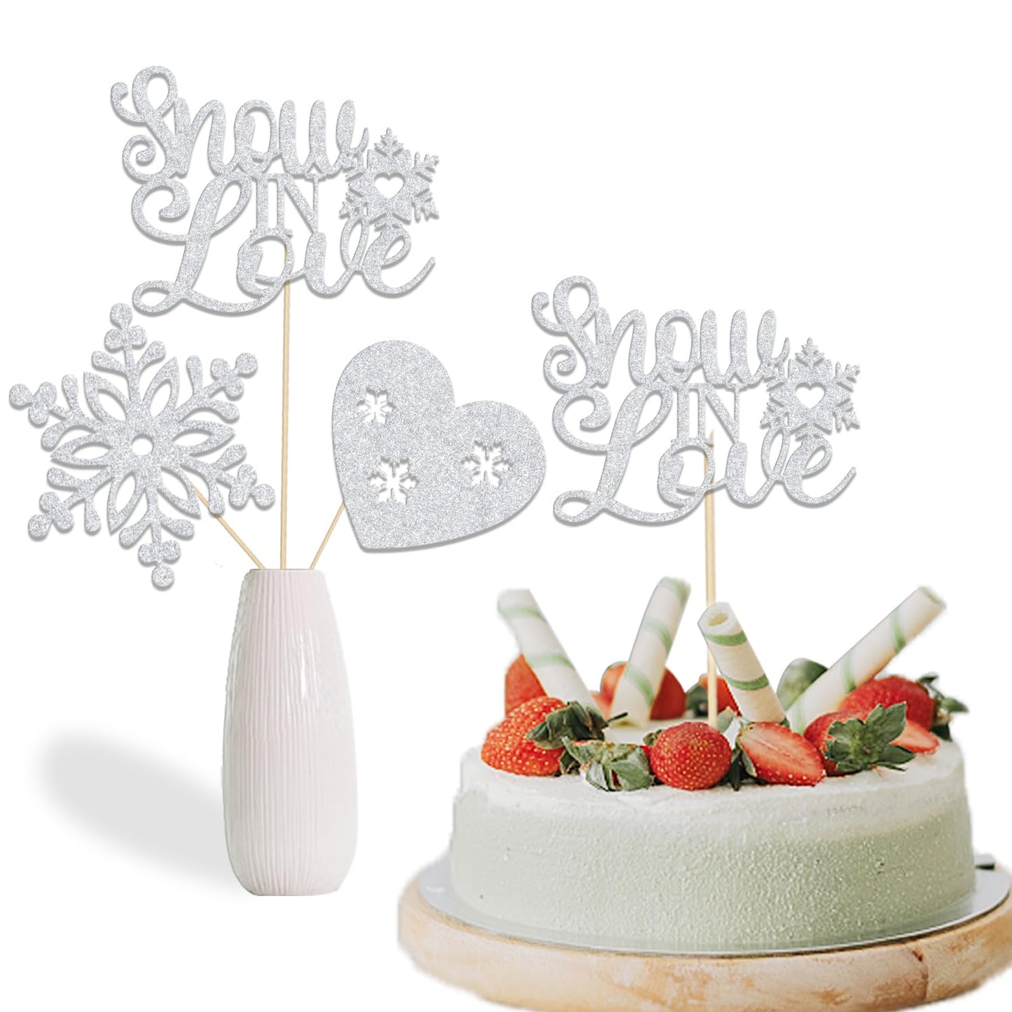 12Pcs Snow in Love Centerpiece Sticks - Winter Bridal Shower Table Decorations - Winter Snowflake Theme Party Decoration Silver Glitter