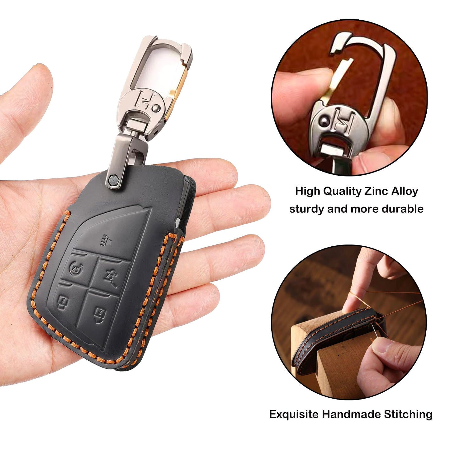 Leather Key Fob Cover for Chevy, Retro Smart Fob Protection Case Compatible with 2021 2022 2023 2024 2025 Chevy Tahoe Suburban GMC Yukon Denali Sierra Silverado Buick (Black, 5 Buttons)