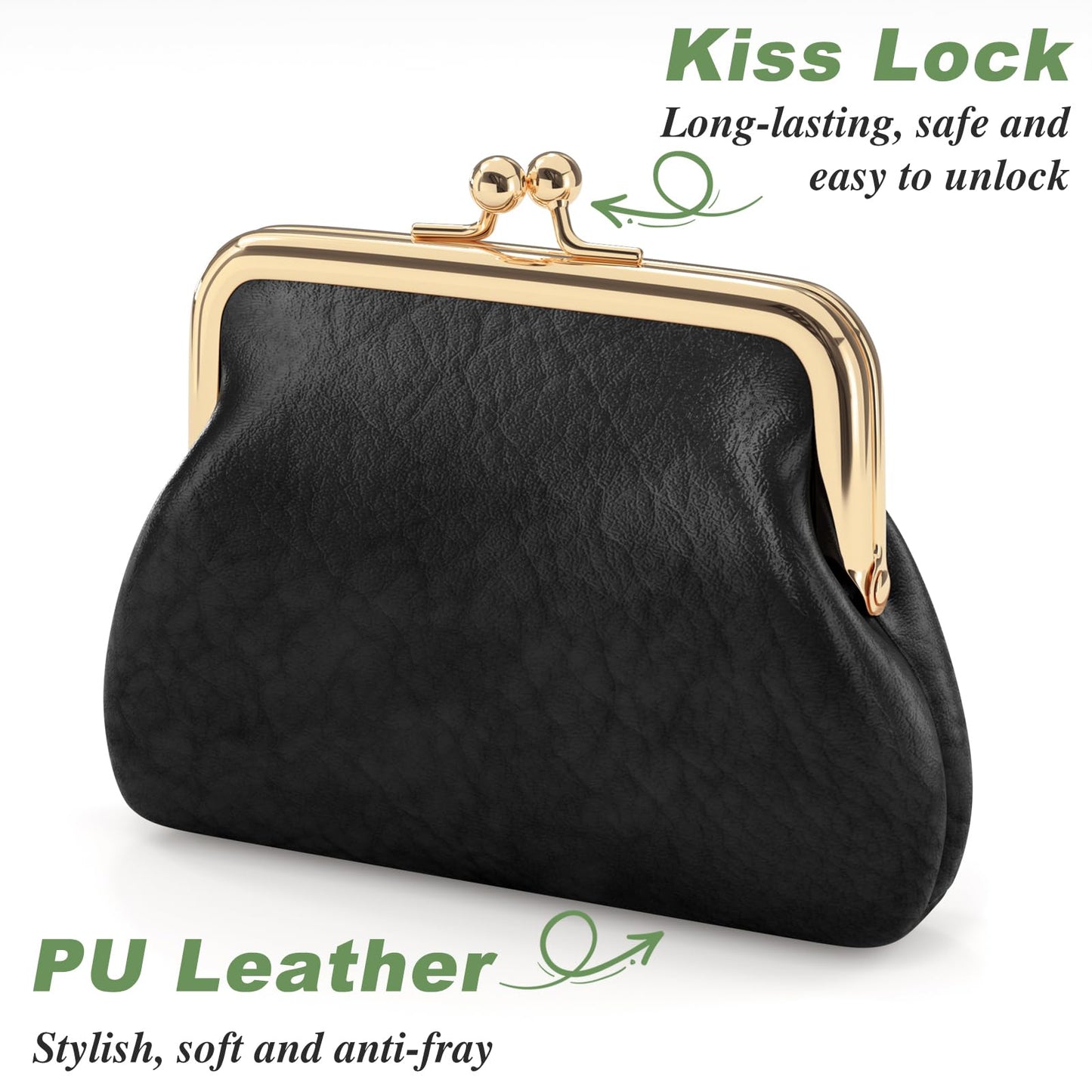 Coin Purse, Small PU Leather Change Purse, Coin Wallet with Clasp, Car Change Holder Pouch for Woman Men Kids Girls, Black