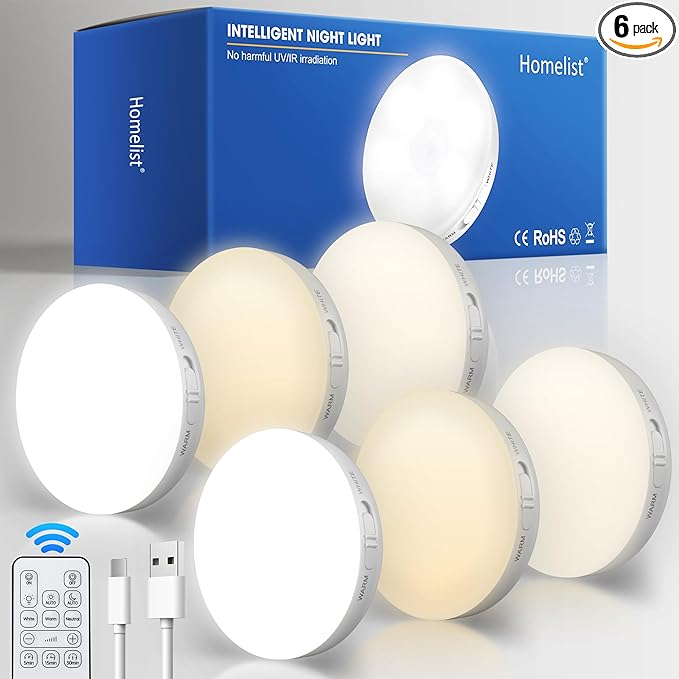 Homelist Motion Sensor Lights Indoor with Remote Control, 6 Pack Closet Night Lights Battery Operated Stick on Under Cabinet Lighting, 3 Color Temps Rechargeable Puck Lights for Kitchen Stair Hallway