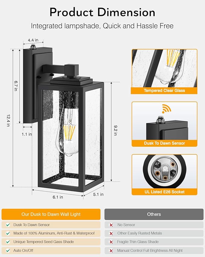 VIANIS 2 Pack Dusk to Dawn Sensor Outdoor Wall Lighting, Black Exterior Light Fixture Wall Mount for House, Anti-Rust Modern Outside Sconce Lantern with Tempered Seeded Glass for Front Porch, Garage