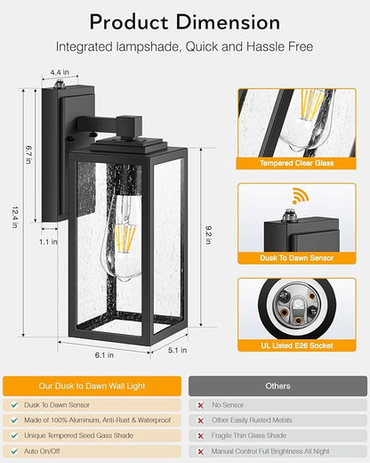 VIANIS 2 Pack Dusk to Dawn Sensor Outdoor Wall Lighting, Black Exterior Light Fixture Wall Mount for House, Anti-Rust Modern Outside Sconce Lantern with Tempered Seeded Glass for Front Porch, Garage