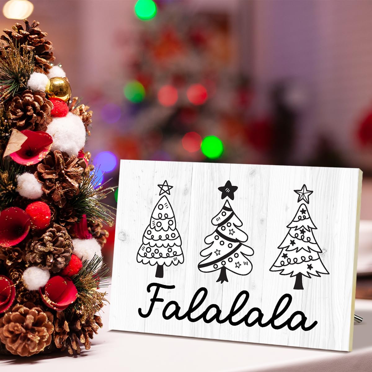Falalala Merry Christmas Signs for Wall Decorations, Tree Wood Tabletop Decor for Table, Desk, Mantle, Shelf - Wall Art for Party Kitchen Decor - JK0388