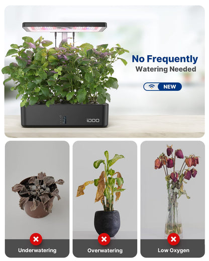 iDOO Hydroponics Growing System Kit 12Pods, Christmas Gifts for Women Mom, Herb Garden Indoor with LED Grow Light for Home, Built-in Fan, Auto-Timer, Adjustable Height Up to 11.3", 12Pods WiFi-Black