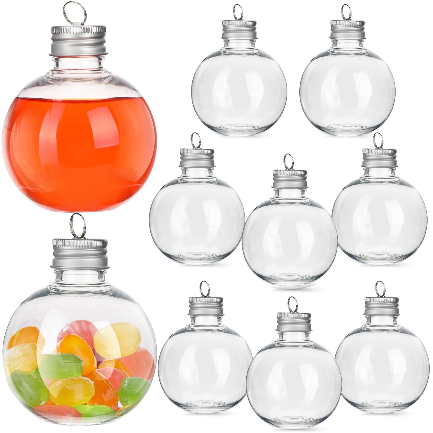 MAGICLULU 10Pcs Christmas Drink Balls, Fillable Booze Balls Ornament Clear Plastic Xmas Tree Ornaments for Drinks Water Candy Party Decoration Silver 150ML