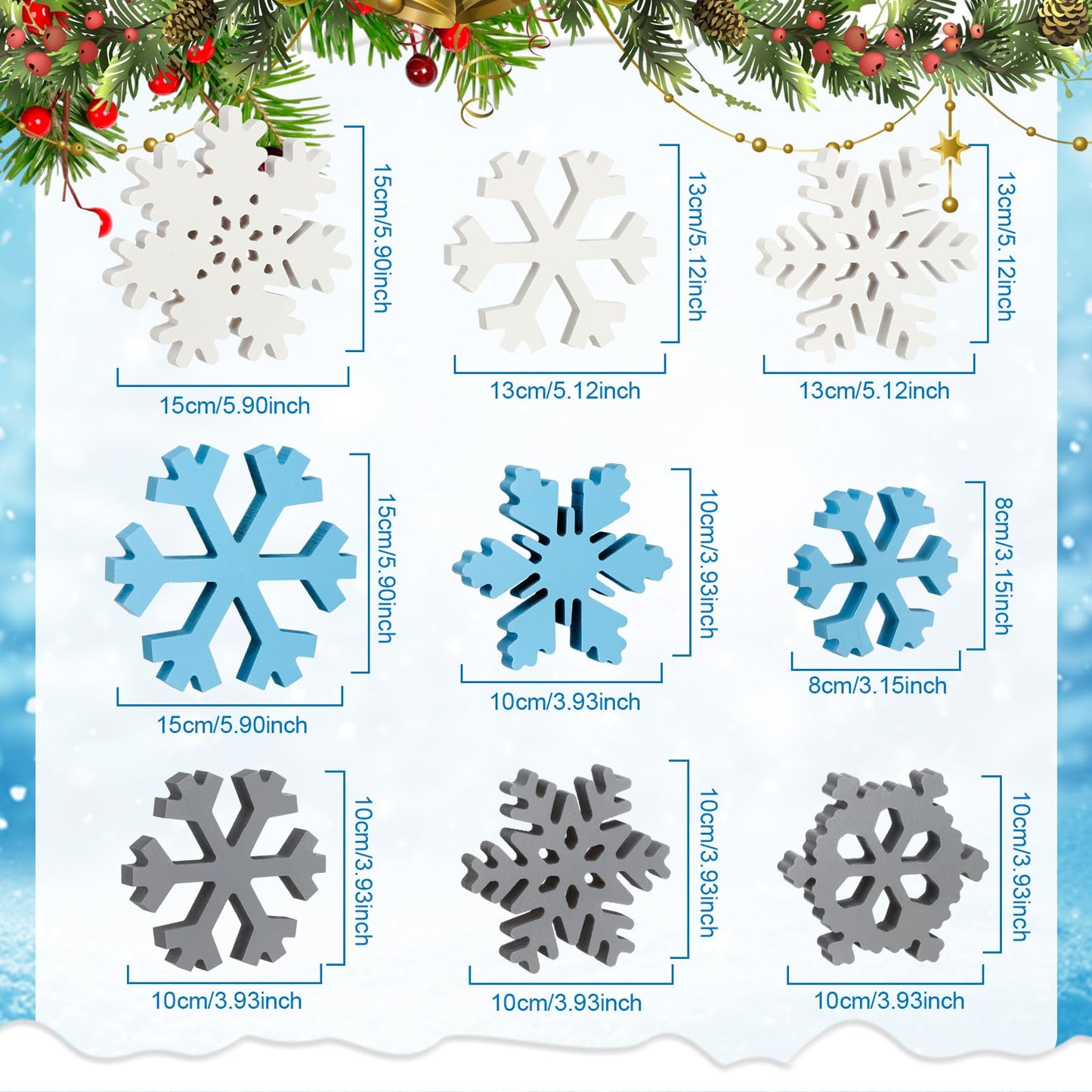 Kajaia 9 Pcs Winter Wooden Snowflake Decor Winter Wood Snowflake Block White Gray Blue Snowflakes Decorations Table Decor Christmas Standing Sign for Xmas Fireplace Mantel Home