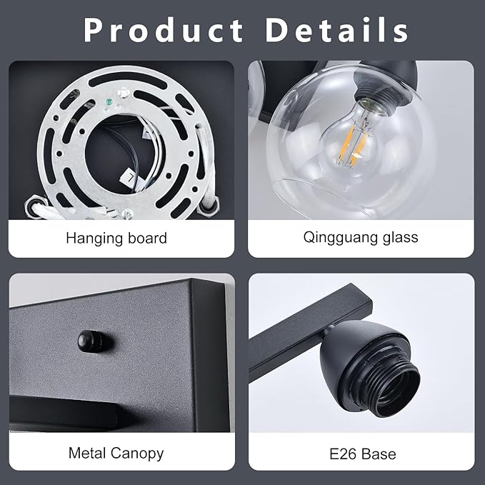 5-Light Bathroom Light Fixtures, Black Vanity Light with Premium Hand-Blown Glass Shades, Ultra-Clear & Impact-Resistant, Wall Lamp for Mirror, Living Room, Kitchen
