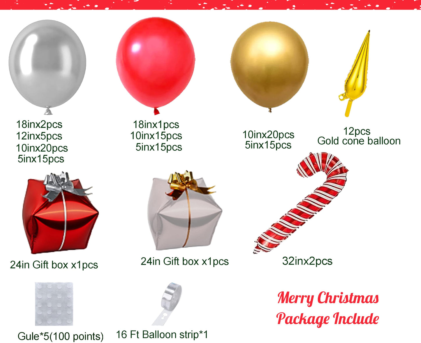 Bonropin Christmas Balloon Garland Arch Kit - Xmas Red Gold Silver Candy Cane Balloons Gift Box Starburst Balloons for New Year Winter Christmas Party Decorations