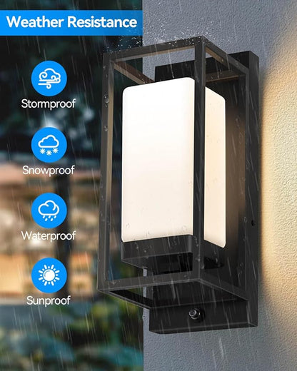 RAYVO Modern Outdoor Wall Light with Dusk to Dawn Sensor, Waterproof Exterior Light Fixture with E26 Base, 3000K LED Bulb Included, Black Metal Frame Outdoor Sconce Lights for Porch Garage Entryway