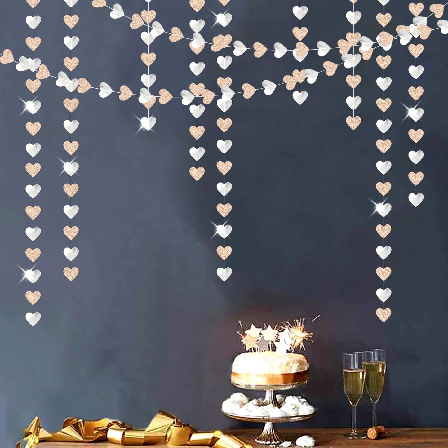 Champagne-Silver Disco Boho Party-Decoration Heart Garland - 52ft Glitter Birthday New Years Eve Hanging Backdrop Streamers,Engagement Wedding Bachelorette Banner Decor Lasting Surprise