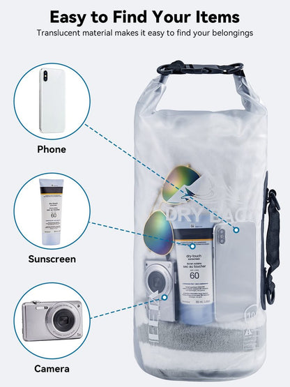 HEETA Dry Bag Waterproof for Women Men, Roll Top Lightweight Dry Storage Bag Backpack with Phone Case for Travel Swimming Boating Kayaking Paddle Board Camping Beach Accessories (White, 20L)