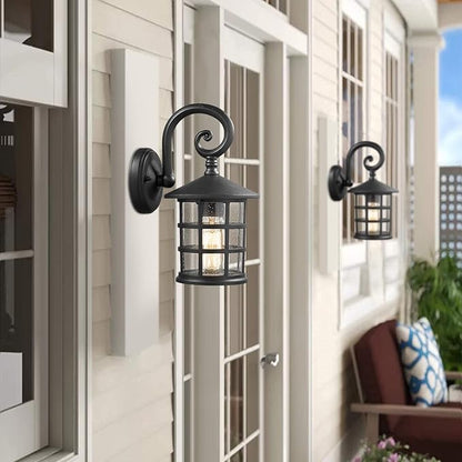 Emliviar Outdoor Porch Lights 2 Pack - Outside Wall Lights for House, Seeded Glass in Black Finish, XE222B-2PK BK