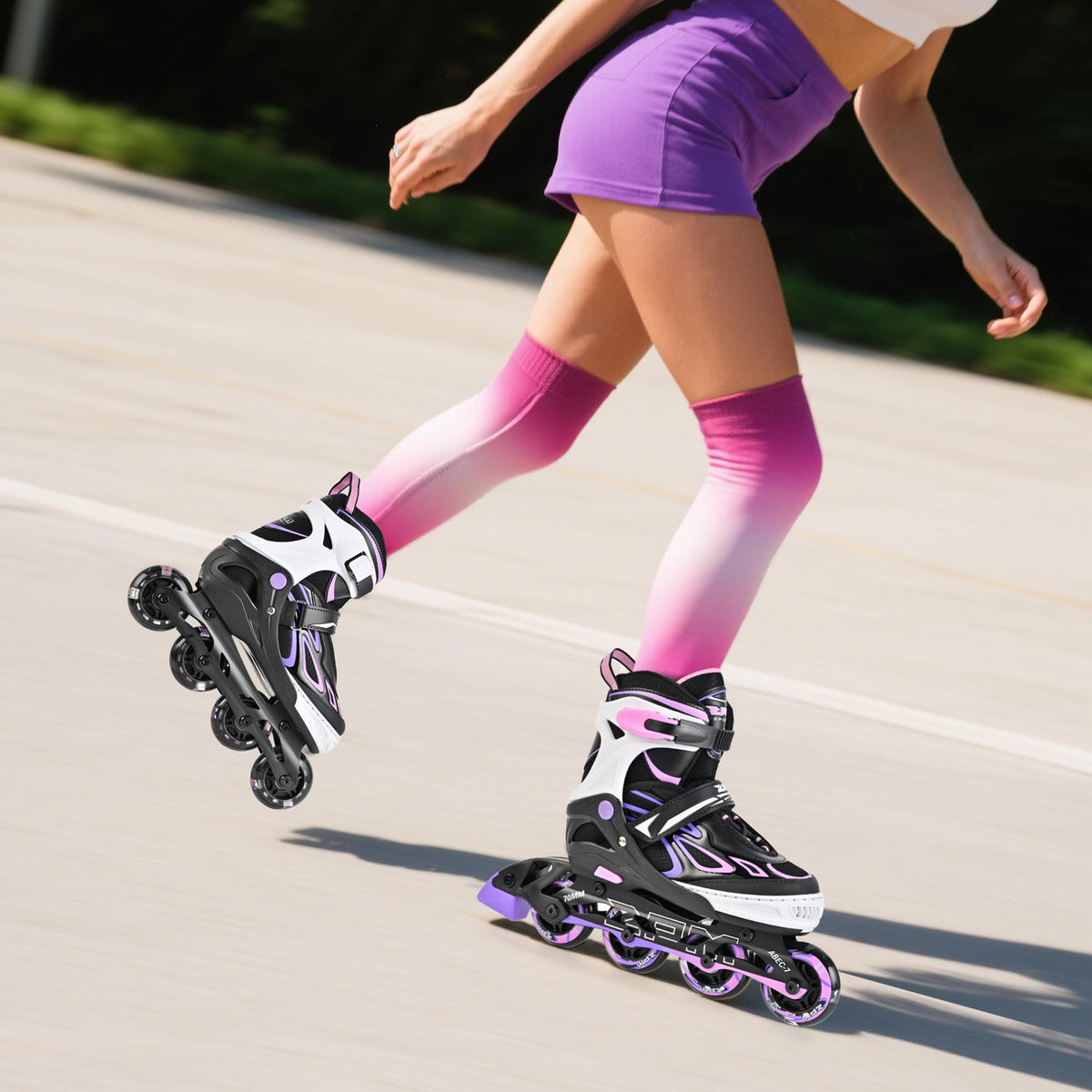 2PM SPORTS Vinal Inline Skates for Girls Boys Kids Ages 5-8 8-12 with Adjustable Illuminating Wheels, Inline Roller Skates for Youth Women Men - Purple Pink Extra Large