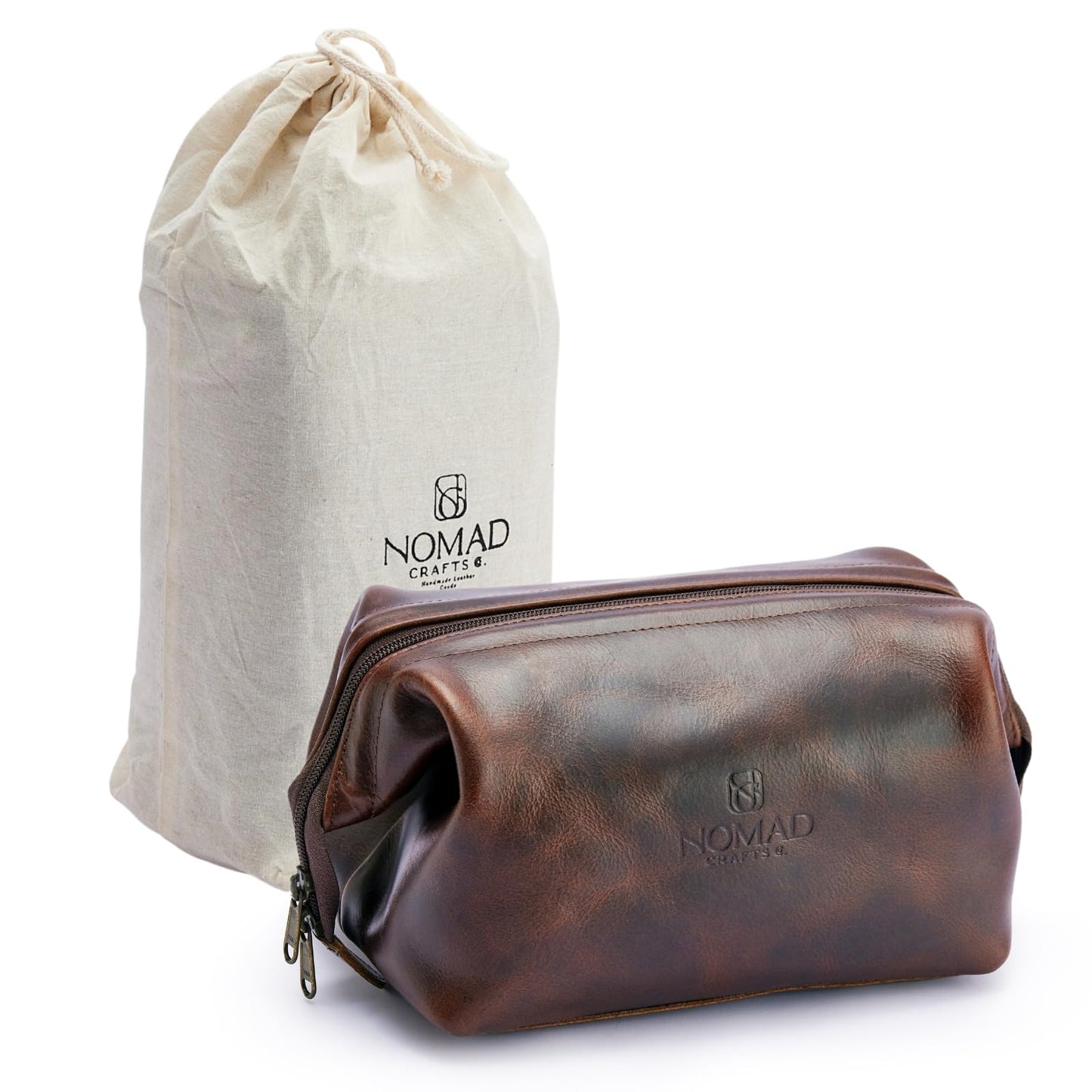 NomadCraftsCo. Premium Leather Travel Toiletry Bag for Men and Women, King-Size Dopp Kit with Waterproof Lining, Mens Toiletry Travel Bag