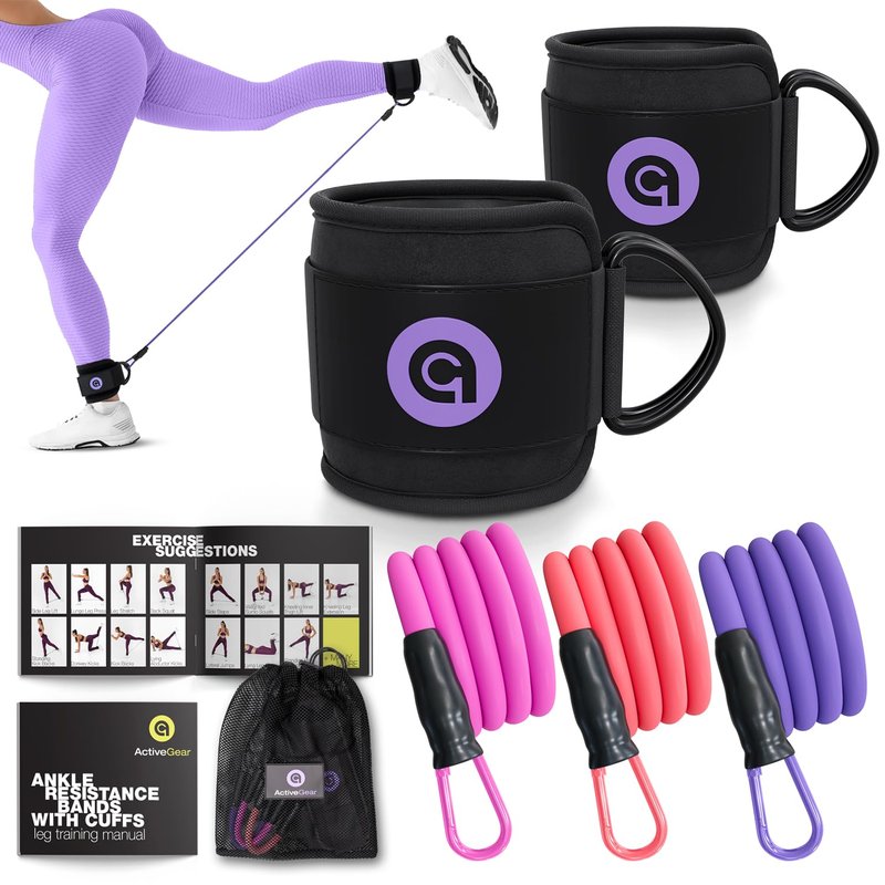 ActiveGear Ankle Resistance Bands with Cuffs - Ideal for Glutes, Legs & Core Workouts, Kickback Ankle Strap Set for Home Workout Equipment & Gym Fitness - Purple