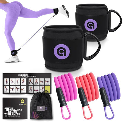 ActiveGear Ankle Resistance Bands with Cuffs - Ideal for Glutes, Legs & Core Workouts, Kickback Ankle Strap Set for Home Workout Equipment & Gym Fitness - Purple