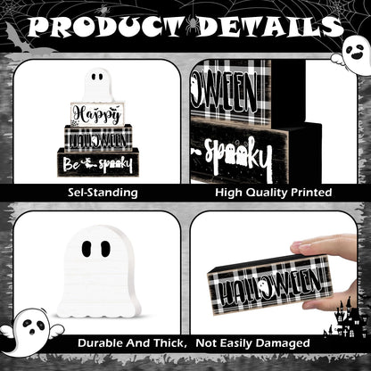 Britimes 4 Pcs Halloween Decorations for Home Ghost Table Decor Halloween Tiered Tray Decorations Set Gift Spooky Stack Block Signs Rustic Farmhouse Tabletop Decor for Table & Home Office