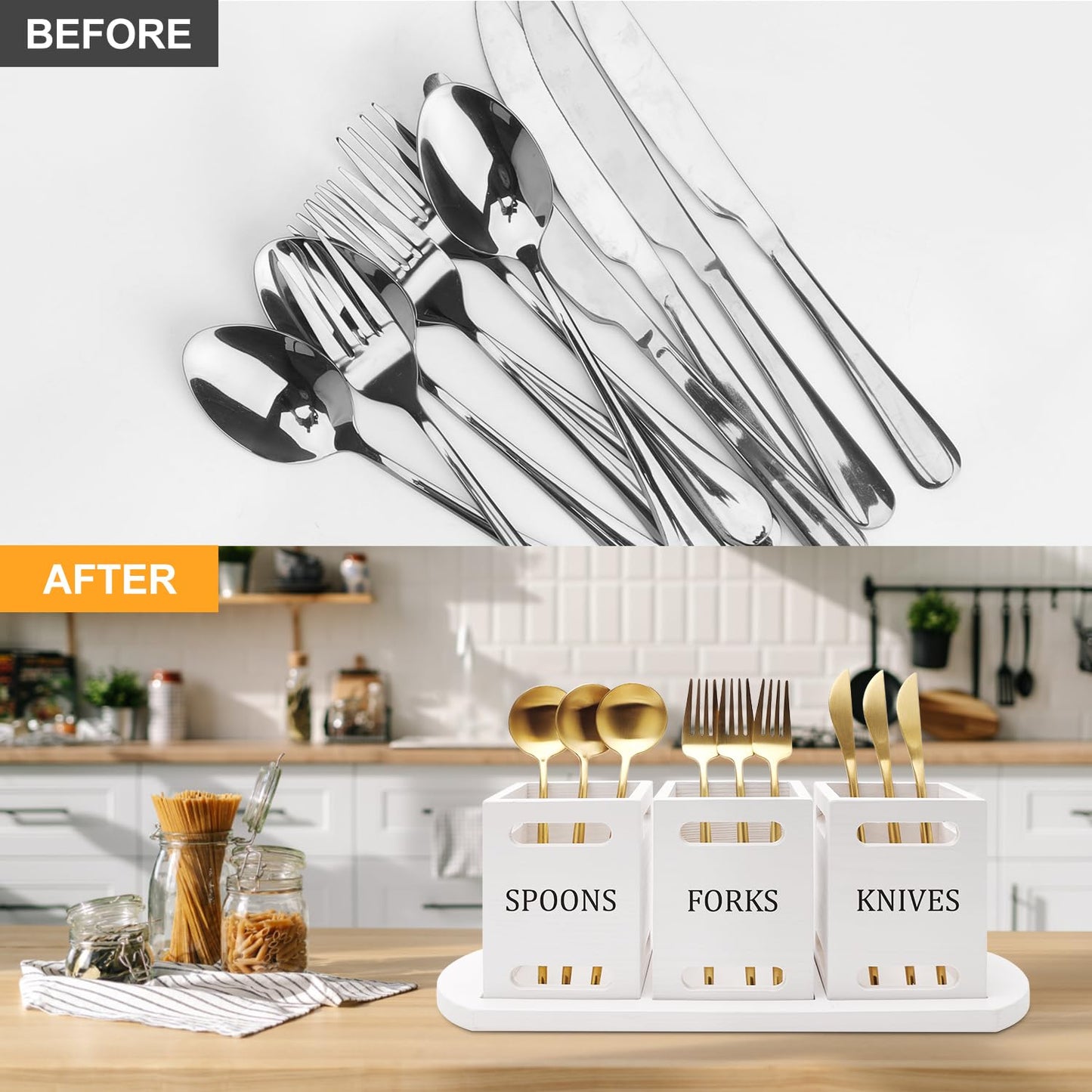 Ayiaren Wooden Flatware Silverware Caddy for Party White Cutlery Holder Small Utensil Holders for Kitchen Counter Wood Silverware Organizer Countertop Knife Fork and Spoon Holder Table Utensil Caddy