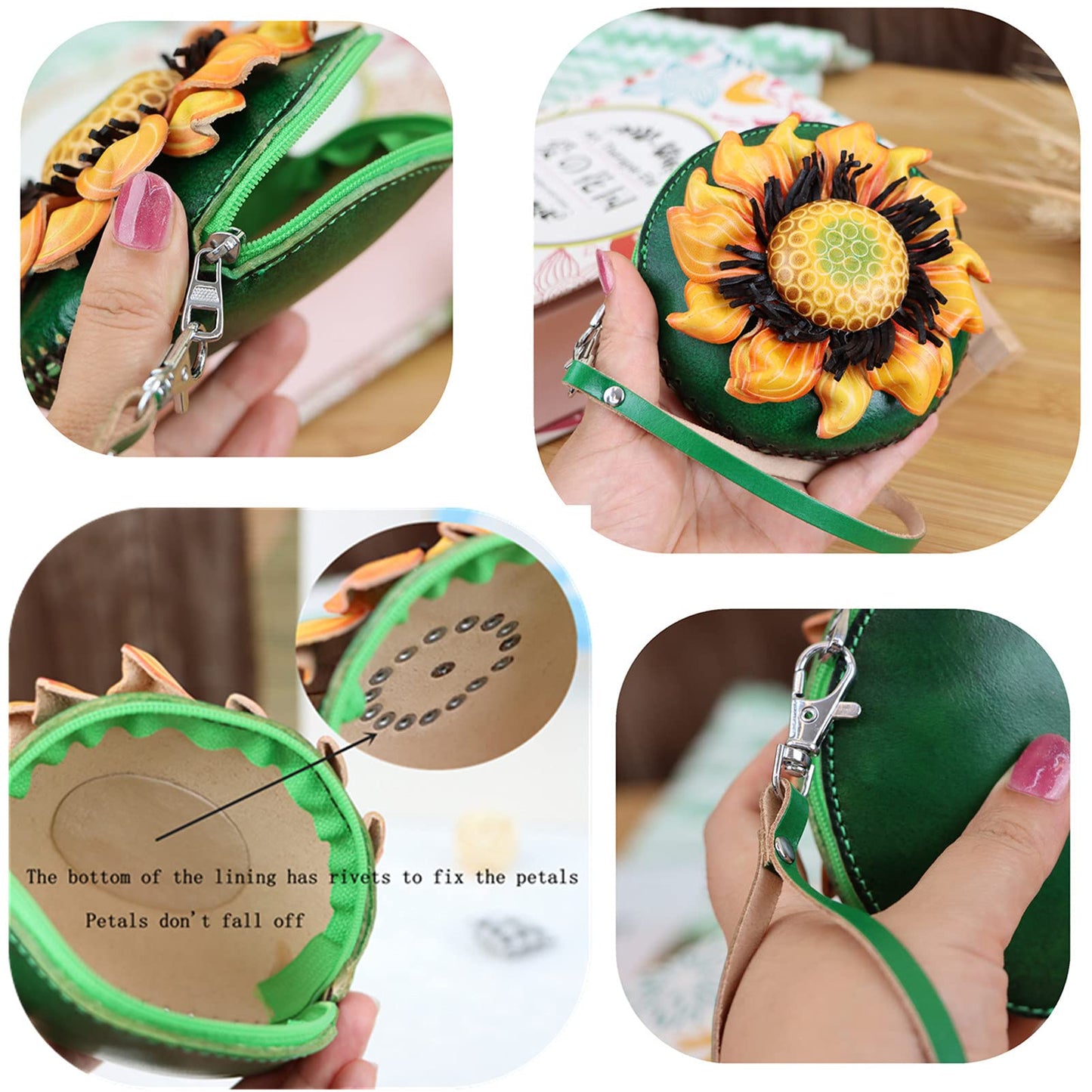 Fanyixuan Handmade Vegetable Tanned Cowhide Sunflower Coin Purse Key Coin Card Lipstick Headphone Storage Clutch Mini Flower Round Bag