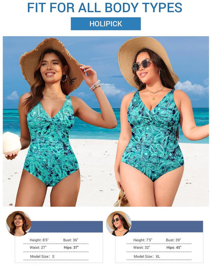 Holipick Green Paisley Women Tummy Control One Piece Swimsuit - Push Up Bathing Suit Full Coverage Slimming Swimwear XXL