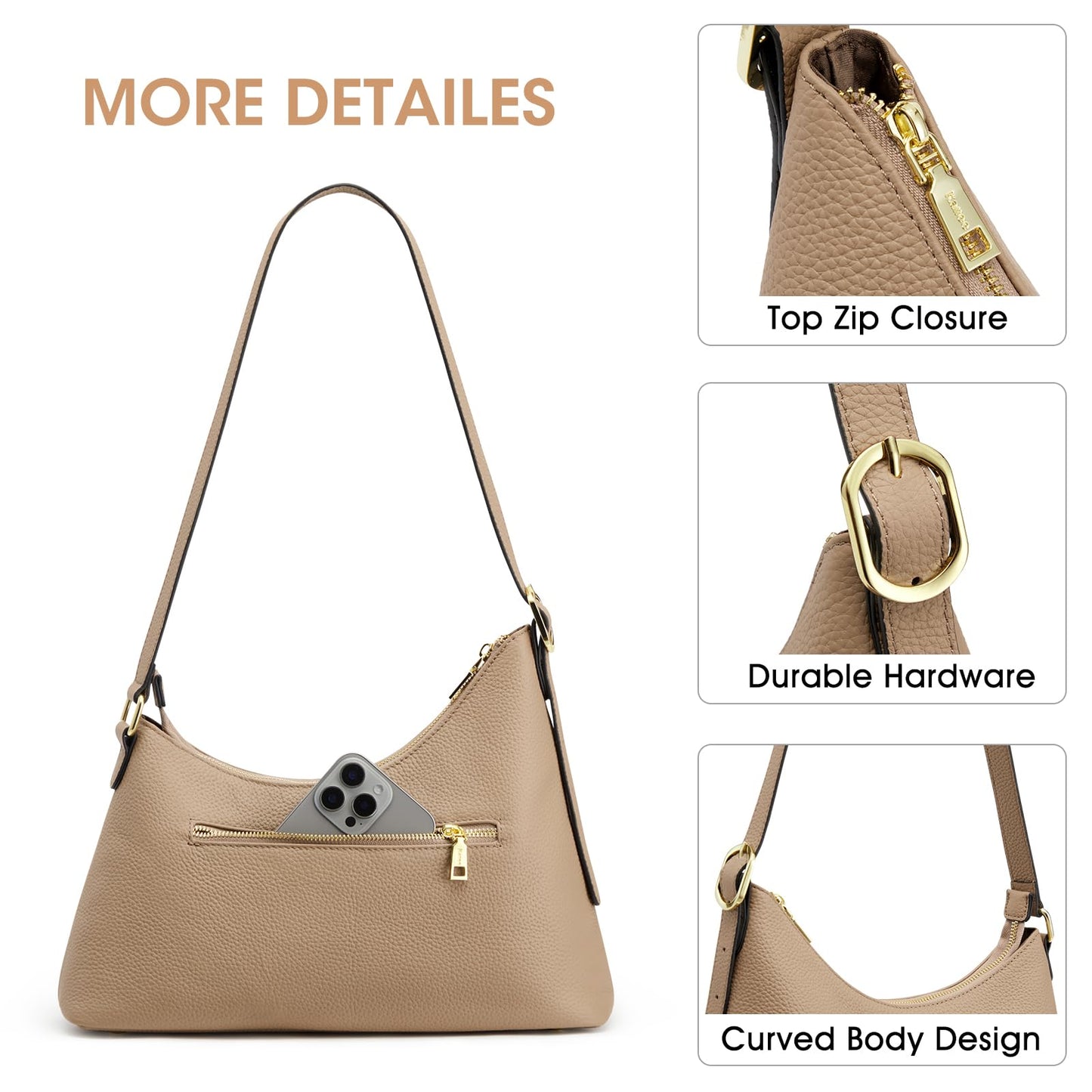 Kattee Shoulder Bag for Women Trendy, Leather Hobo Handbags and Purses, Work Tote Curved Designer Bag with Card Pockets & Adjustable Strap, Apricot