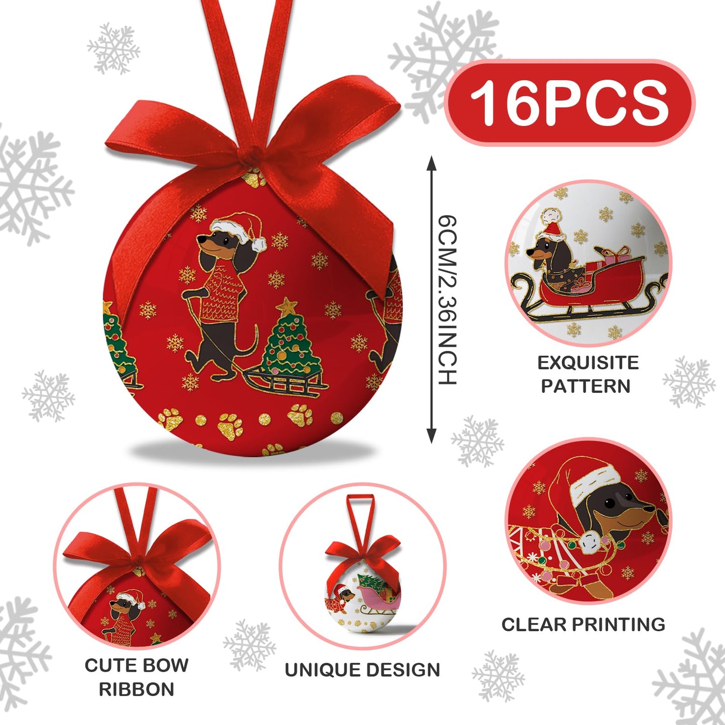 Dachshund Christmas Decor - Hanging Dachshund Ornament Balls Weiner Dog Ornament, Cute Decorations Ball 2.36 Inch for Xmas Tree Party Home Holiday，Xmas Gifts Set of 16Pcs