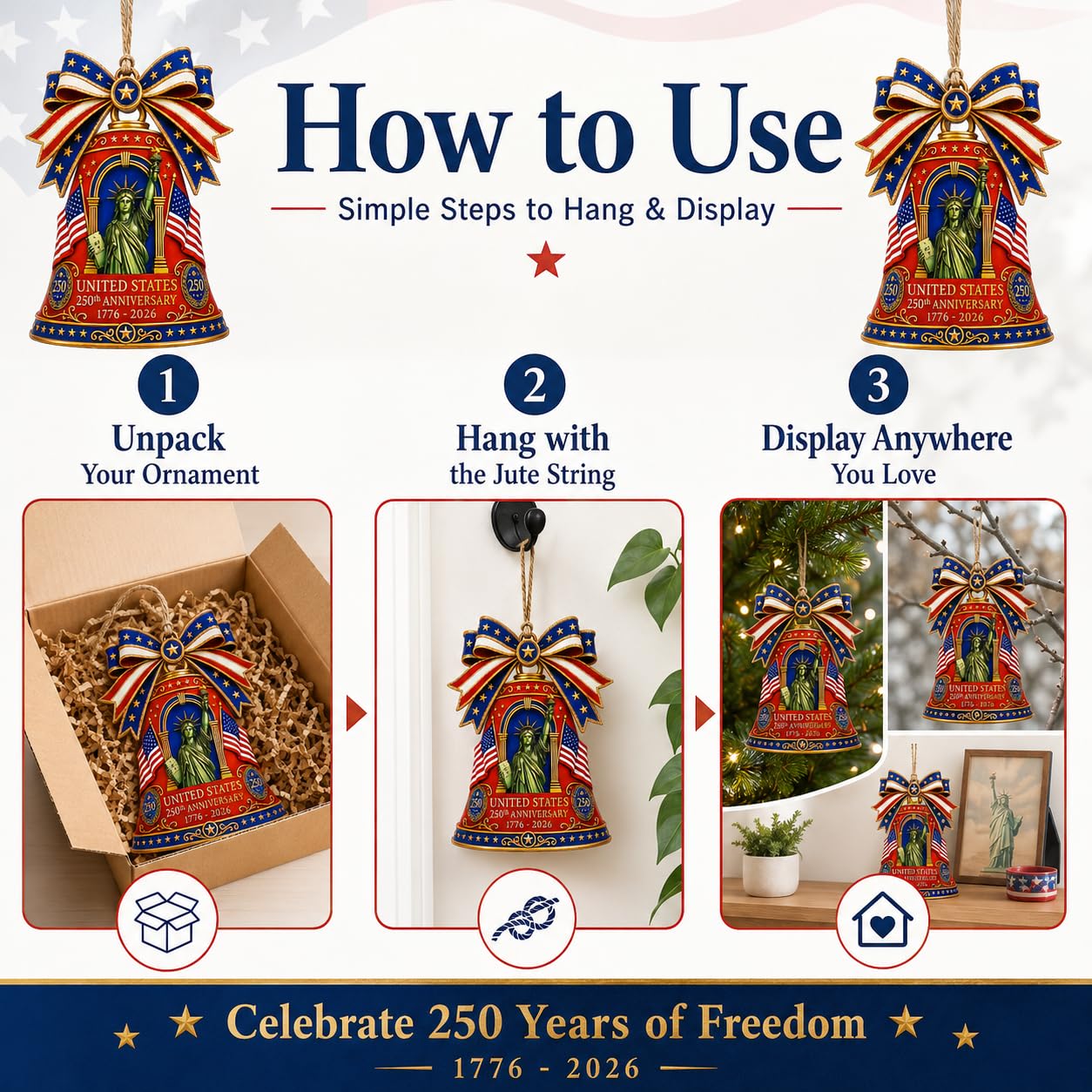 Red Wooden Liberty Bell 250 Anniversary USA Ornament, USA 250th Anniversary Merchandise, Fourth of July Decorations, Patriotic Decor, USA 250th Anniversary 4th of July Gifts, USA 250th Birthday Gifts