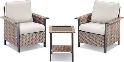 3 Pieces Wicker Patio Furniture Set-Outdoor Patio Chairs Set of 2 with Outdoor Side Table, Patio Furniture Set with Deep Seating Chairs for Porch Deck Balcony Garden Brown/Beige