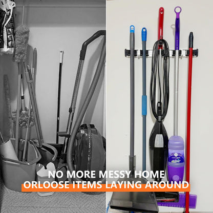 reliahom Broom Holder Wall Mount Mop and Broom Hanger Wall Mounted Garage Storage Rack Kitchen Garden Tool Organizer (4 Racks with 5 Hooks, Silver)