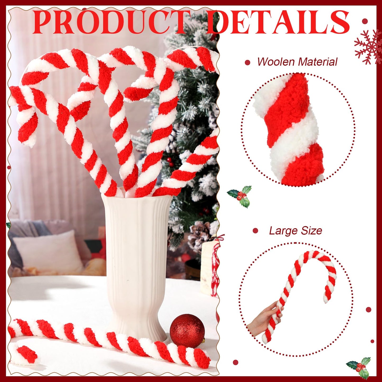 Leinuosen 8 Pcs 16'' Christmas Giant Candy Cane Ornaments Large Red and White Woolen Candy Cane Tree Decor Peppermint Stick Christmas Hanging Decorations for Xmas Holiday Party Supplies DIY Crafts
