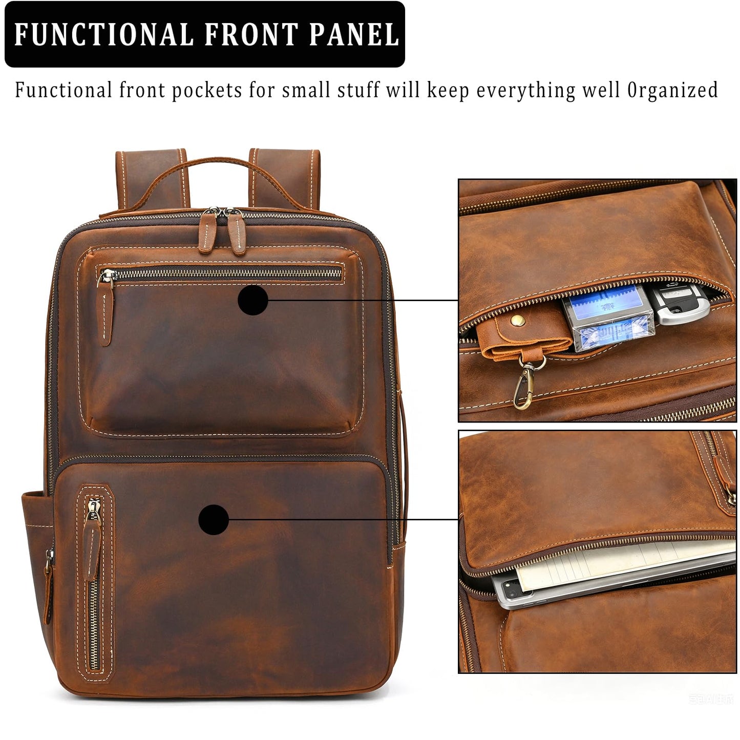JulBean Full Grain Leather 15.6 Laptop Backpack for Men Work Commute Casual Daypack